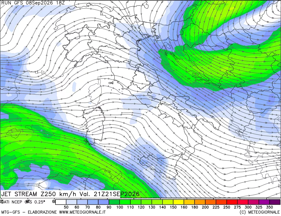 mappa 250 hPa Jet stream