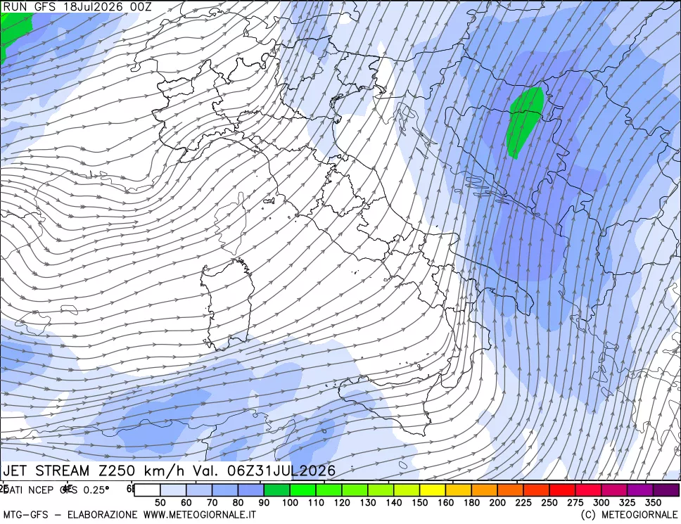 mappa 250 hPa Jet stream
