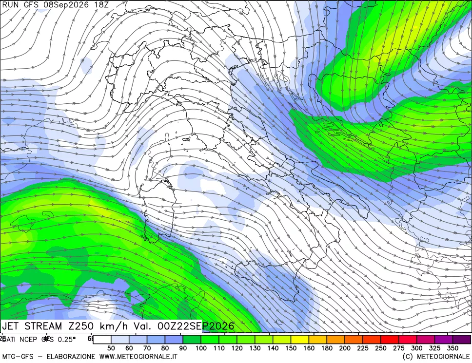 mappa 250 hPa Jet stream