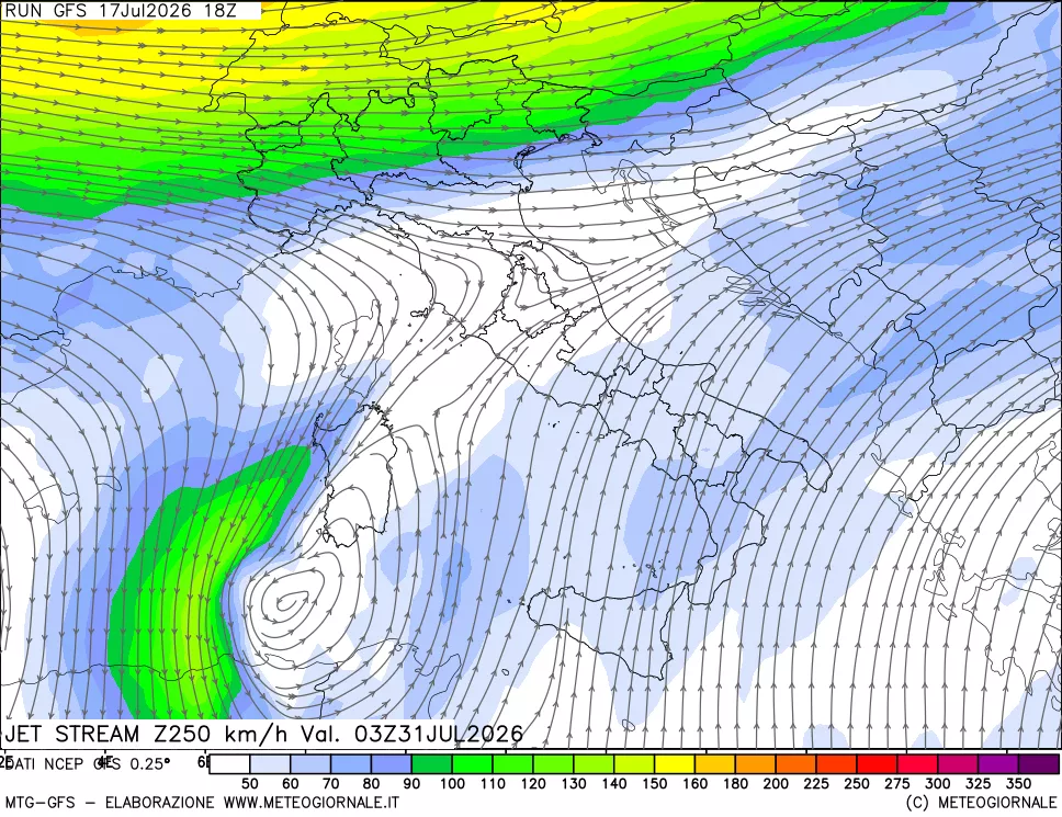 mappa 250 hPa Jet stream