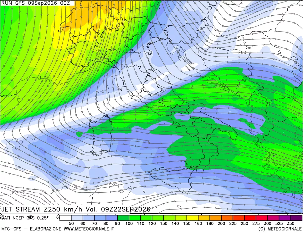 mappa 250 hPa Jet stream