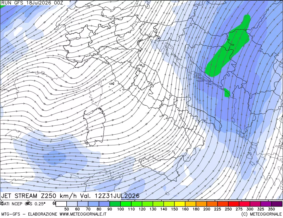 mappa 250 hPa Jet stream