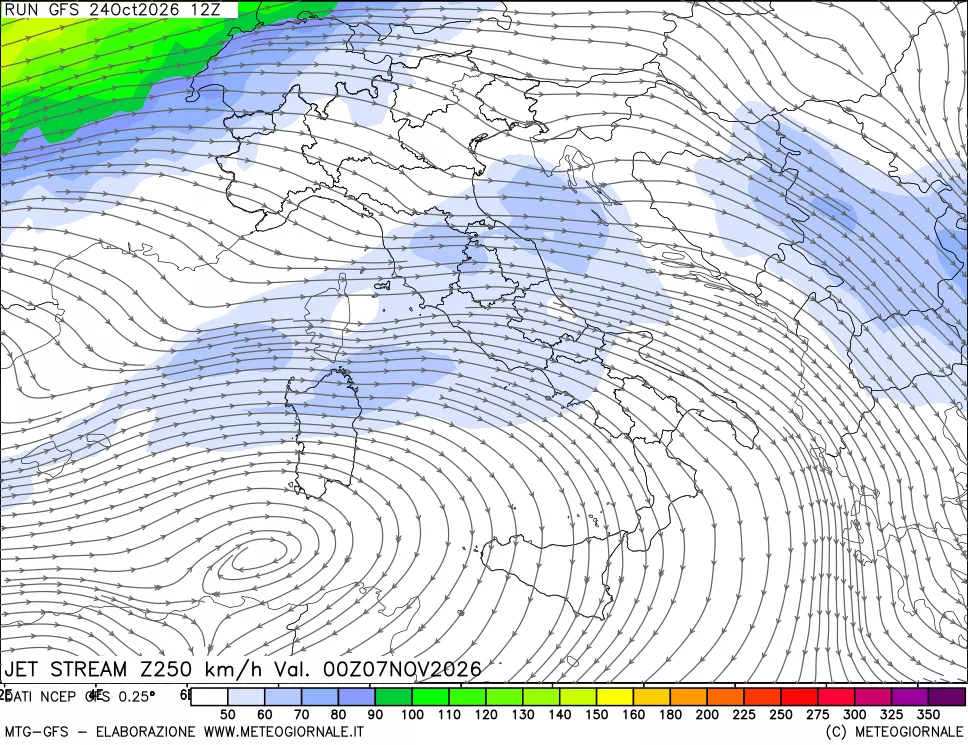 mappa 250 hPa Jet stream