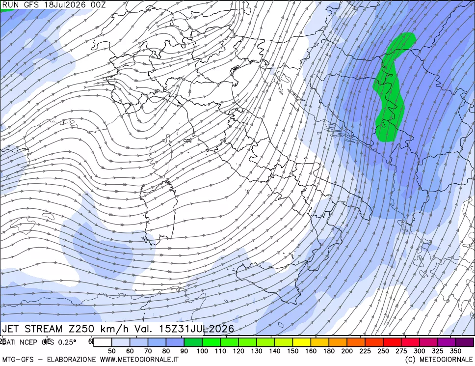 mappa 250 hPa Jet stream