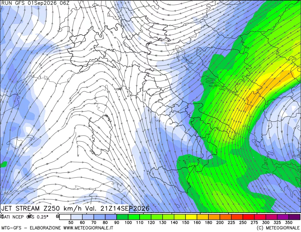 mappa 250 hPa Jet stream