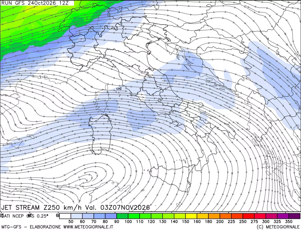 mappa 250 hPa Jet stream