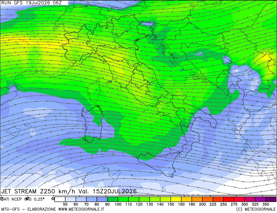 mappa 250 hPa Jet stream