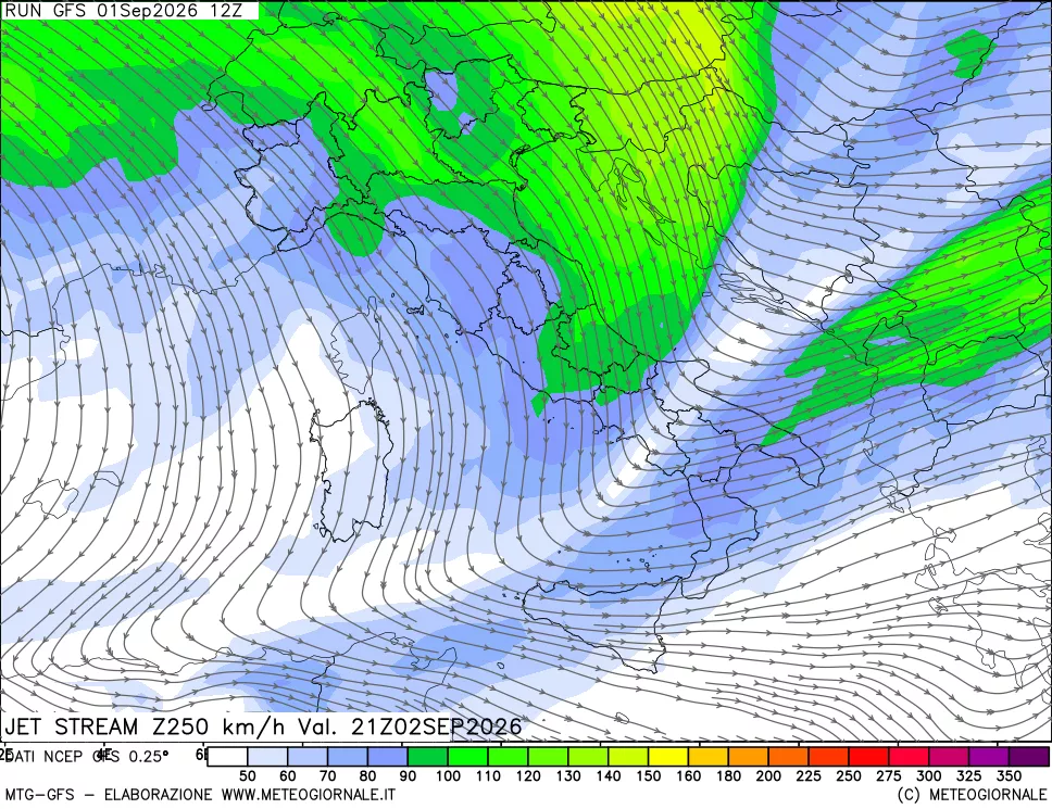 mappa 250 hPa Jet stream