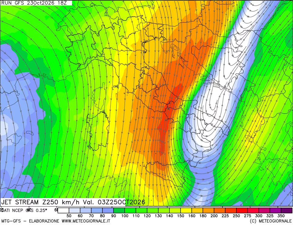 mappa 250 hPa Jet stream