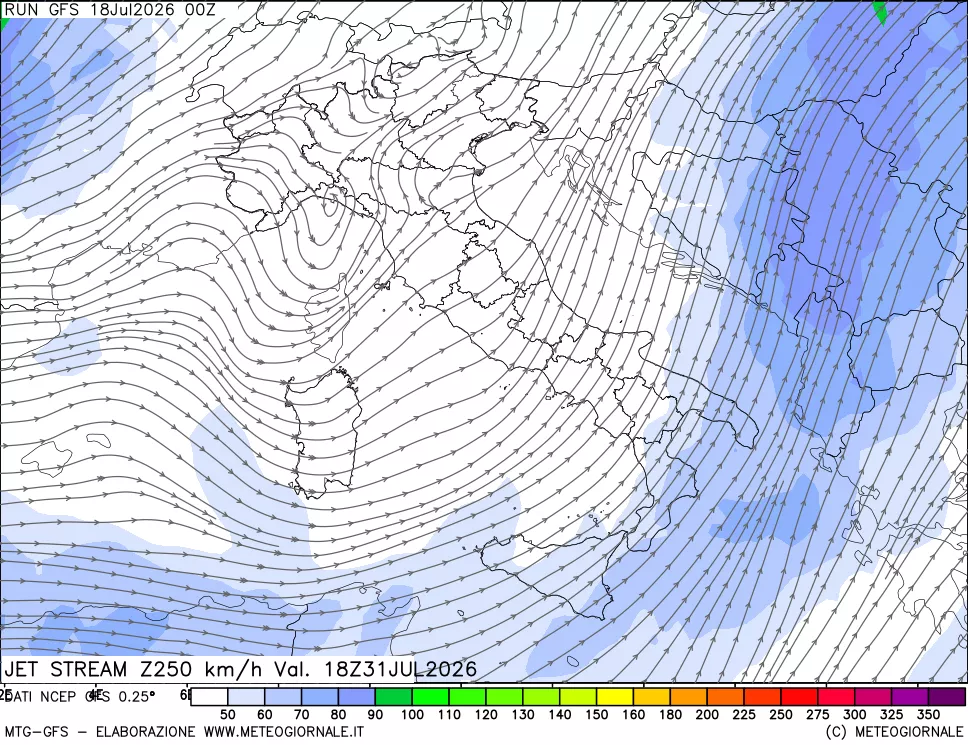 mappa 250 hPa Jet stream