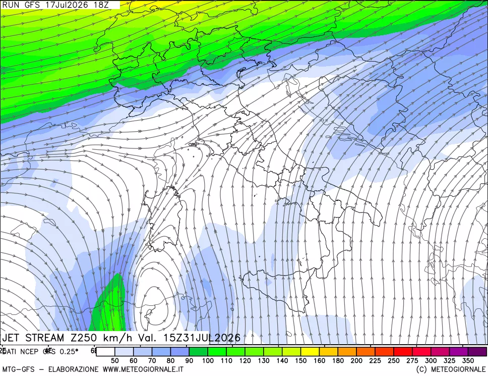 mappa 250 hPa Jet stream