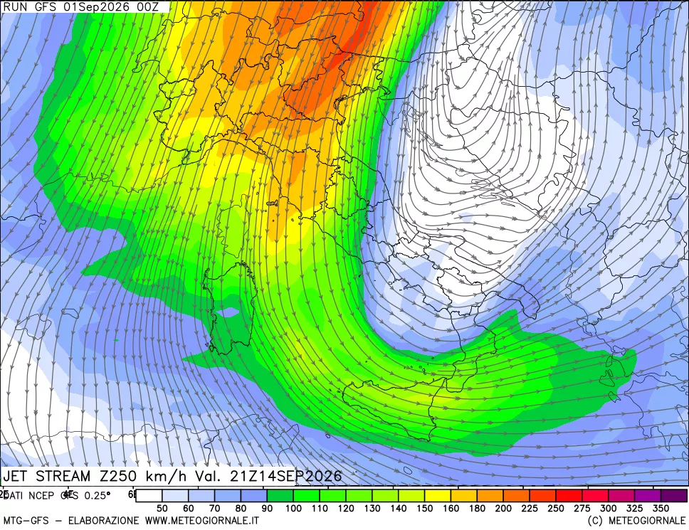 mappa 250 hPa Jet stream