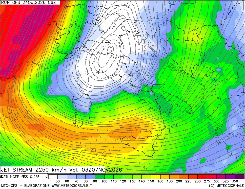 mappa 250 hPa Jet stream