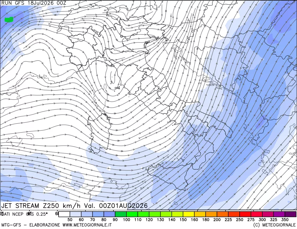 mappa 250 hPa Jet stream