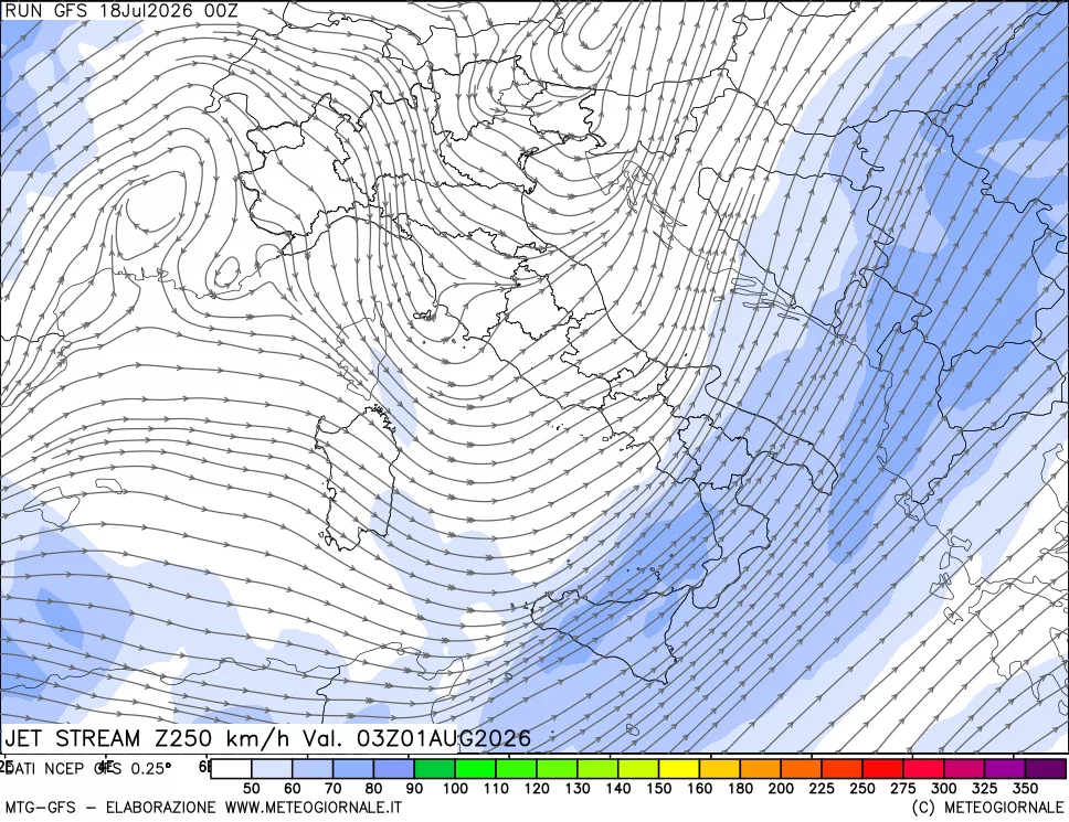mappa 250 hPa Jet stream