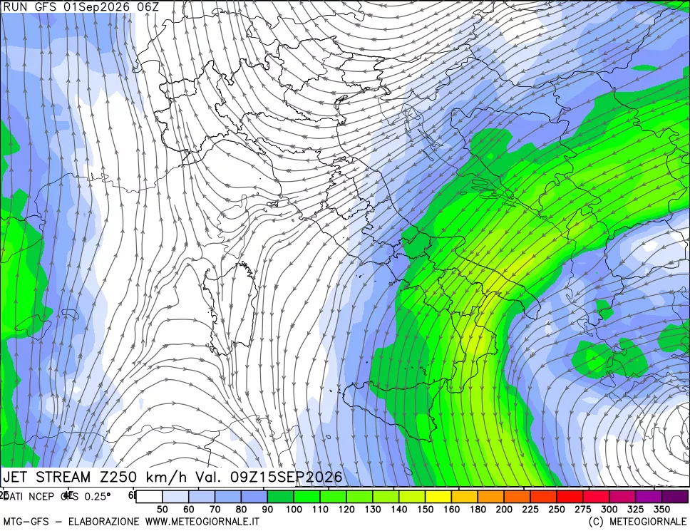 mappa 250 hPa Jet stream