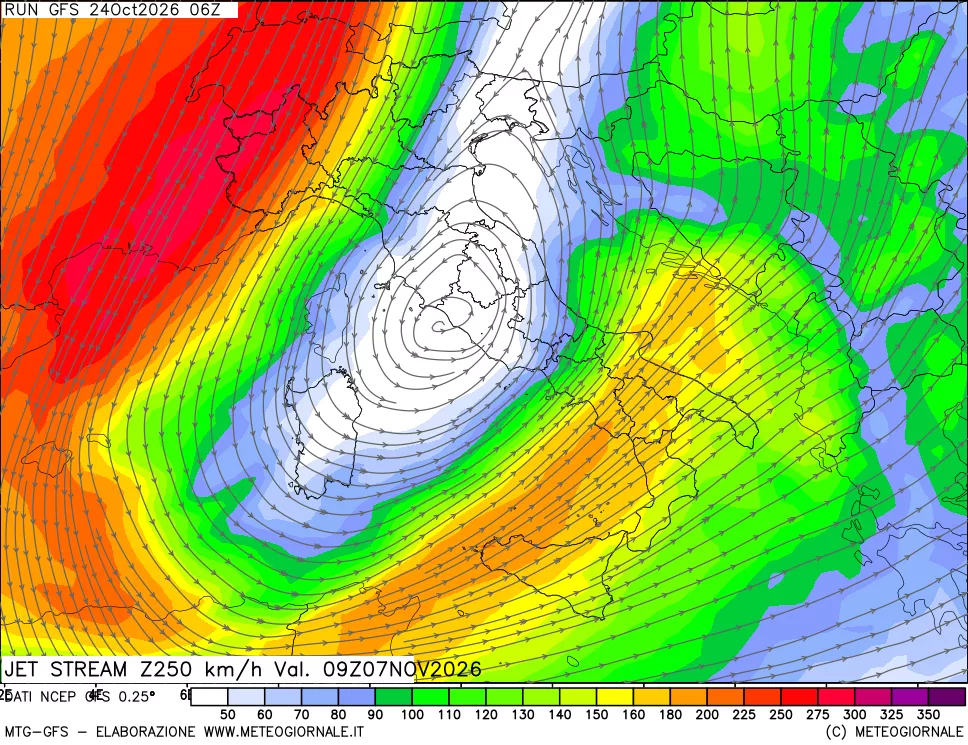 mappa 250 hPa Jet stream
