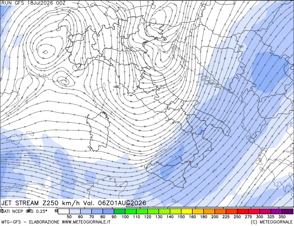mappa 250 hPa Jet stream