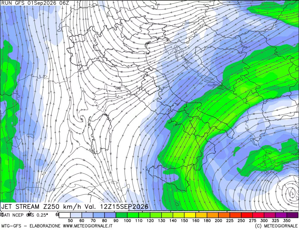 mappa 250 hPa Jet stream