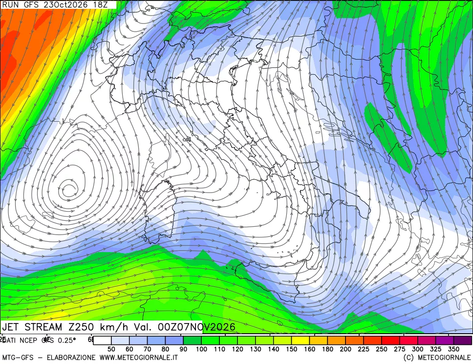 mappa 250 hPa Jet stream