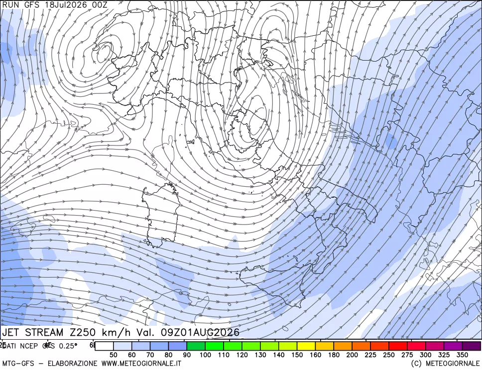 mappa 250 hPa Jet stream