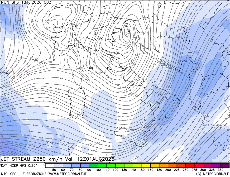 mappa 250 hPa Jet stream