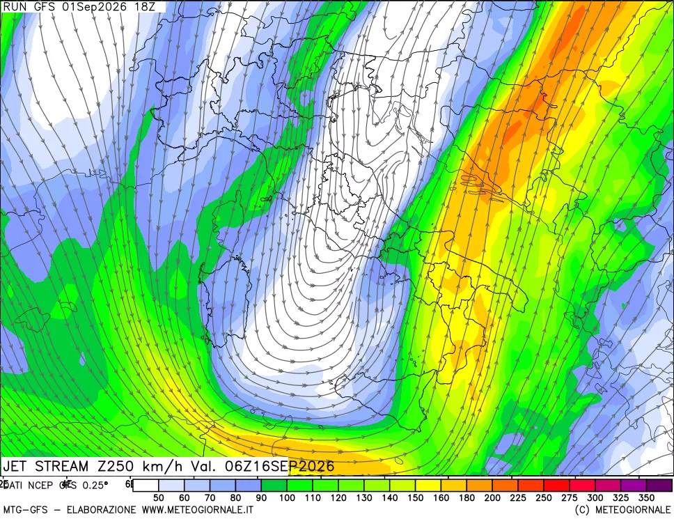 mappa 250 hPa Jet stream