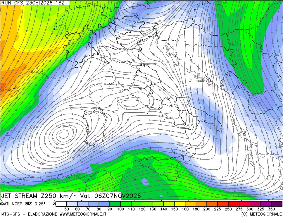 mappa 250 hPa Jet stream