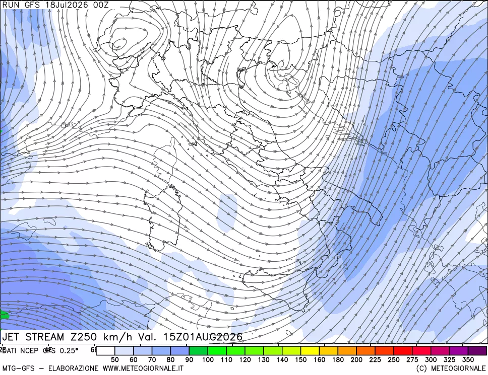mappa 250 hPa Jet stream