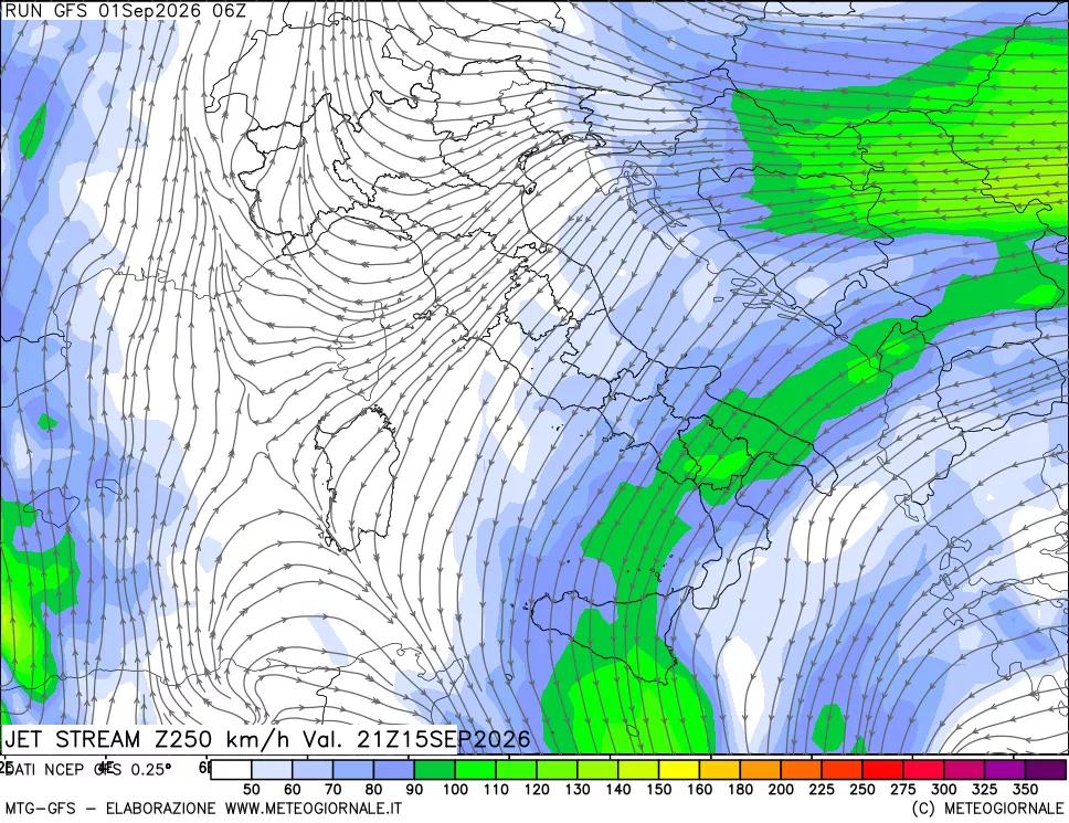 mappa 250 hPa Jet stream