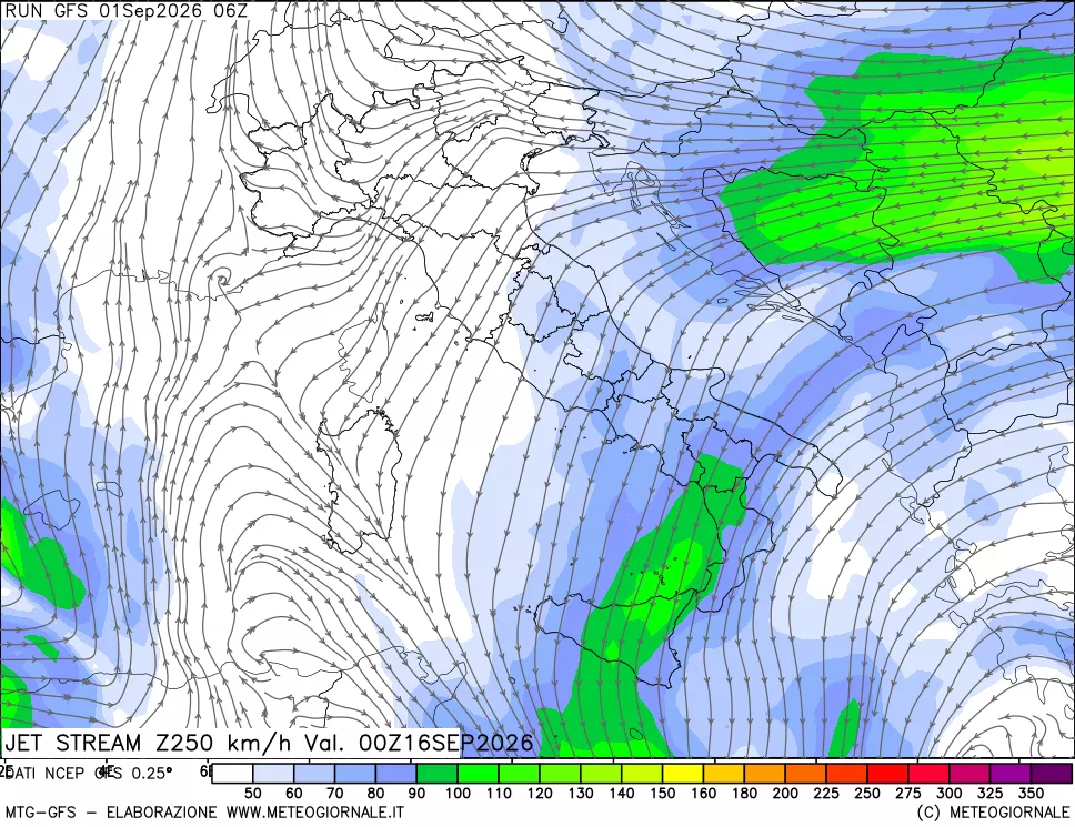 mappa 250 hPa Jet stream