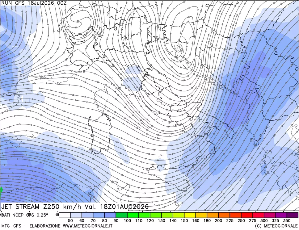 mappa 250 hPa Jet stream