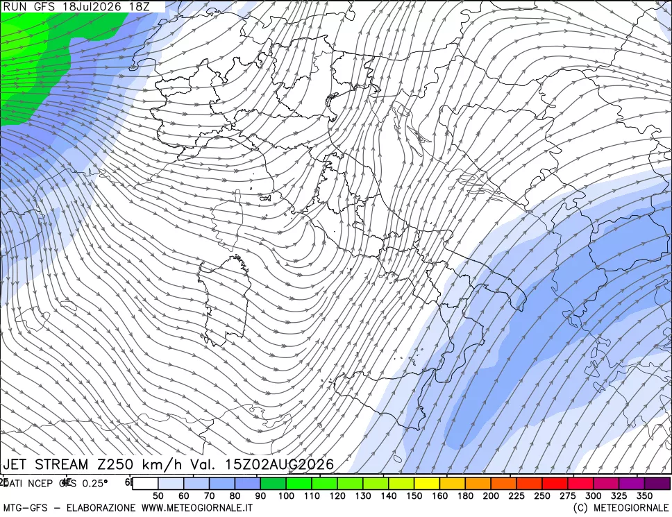 mappa 250 hPa Jet stream