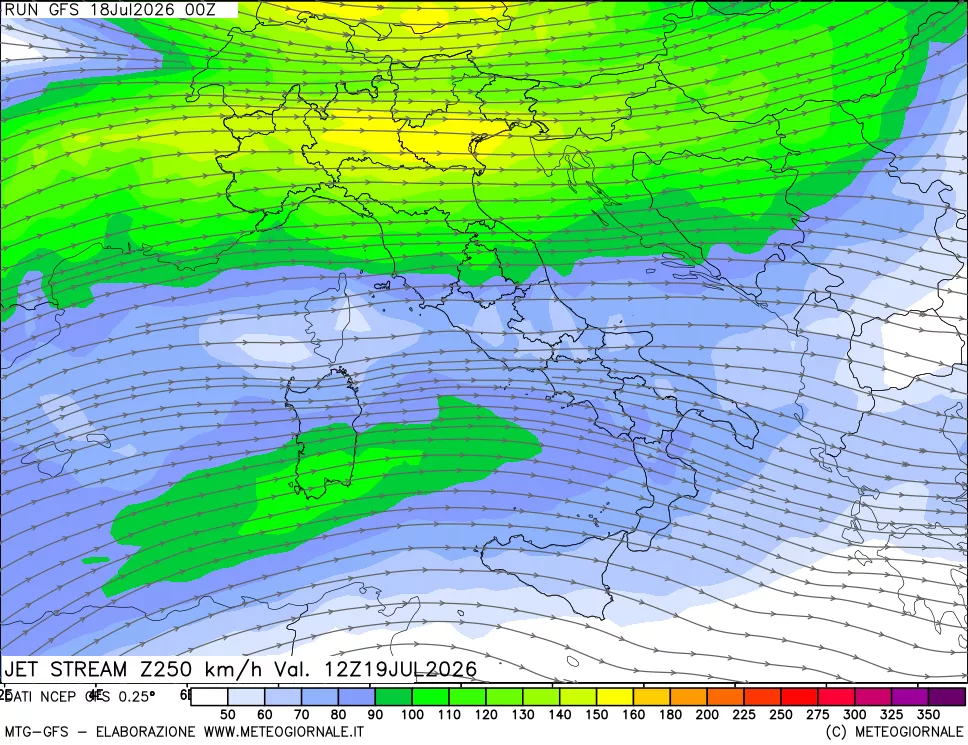 mappa 250 hPa Jet stream