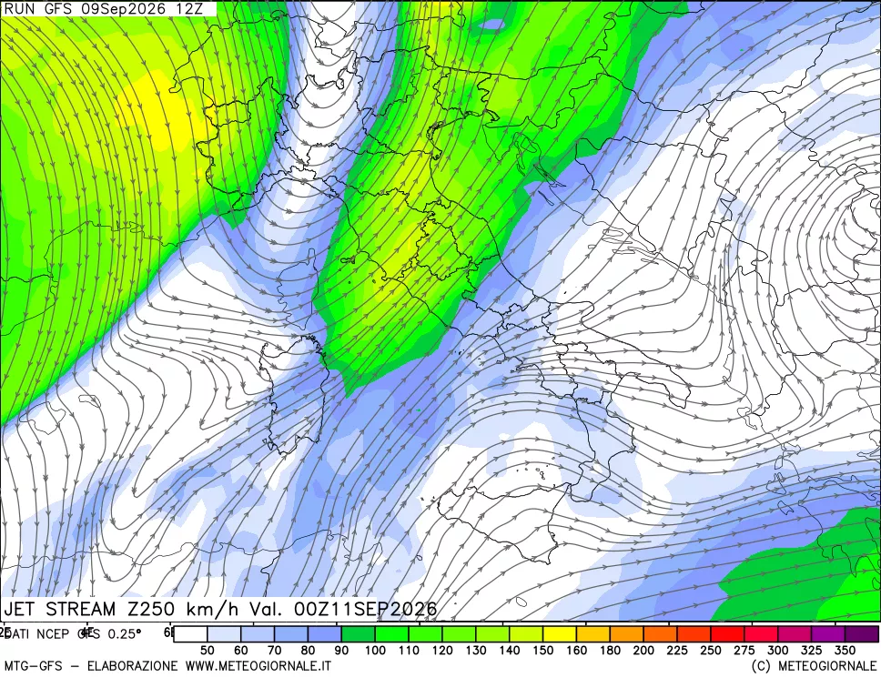 mappa 250 hPa Jet stream
