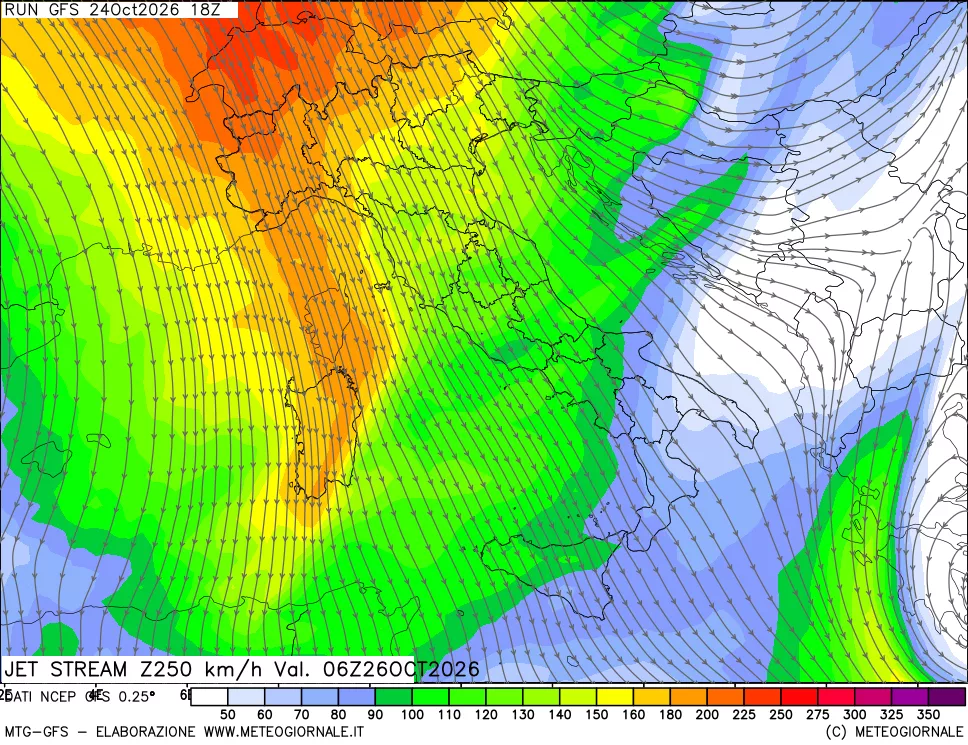 mappa 250 hPa Jet stream