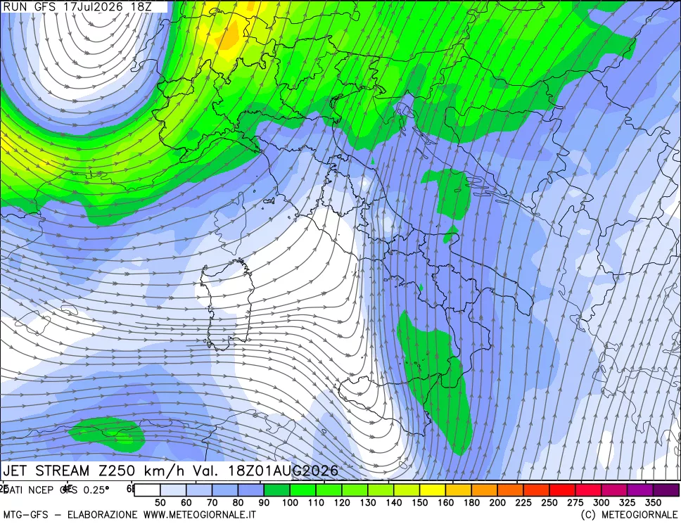 mappa 250 hPa Jet stream