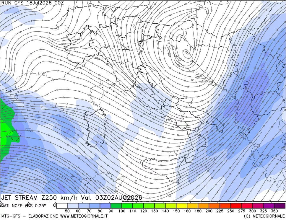 mappa 250 hPa Jet stream