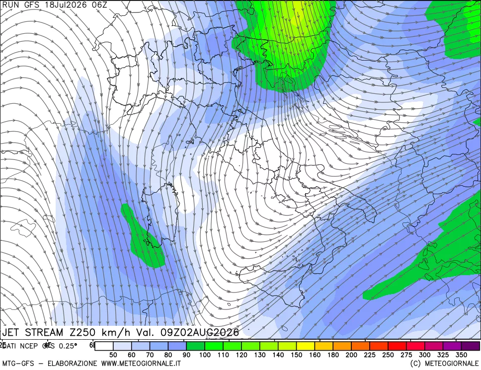 mappa 250 hPa Jet stream