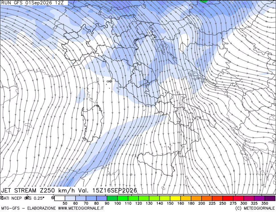 mappa 250 hPa Jet stream