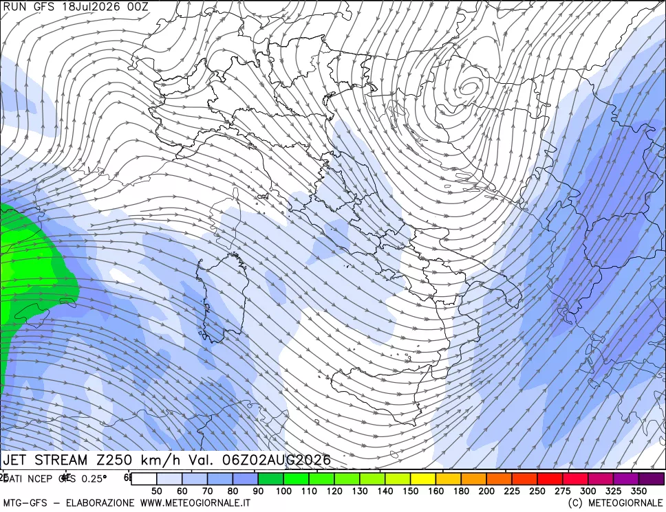 mappa 250 hPa Jet stream