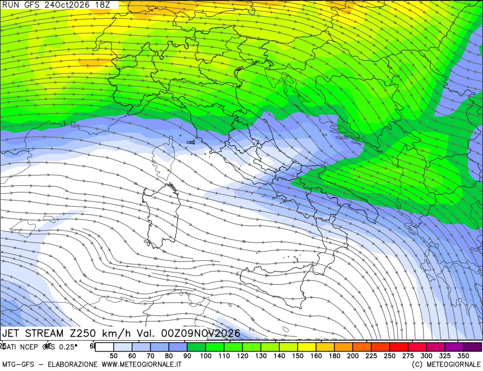 mappa 250 hPa Jet stream