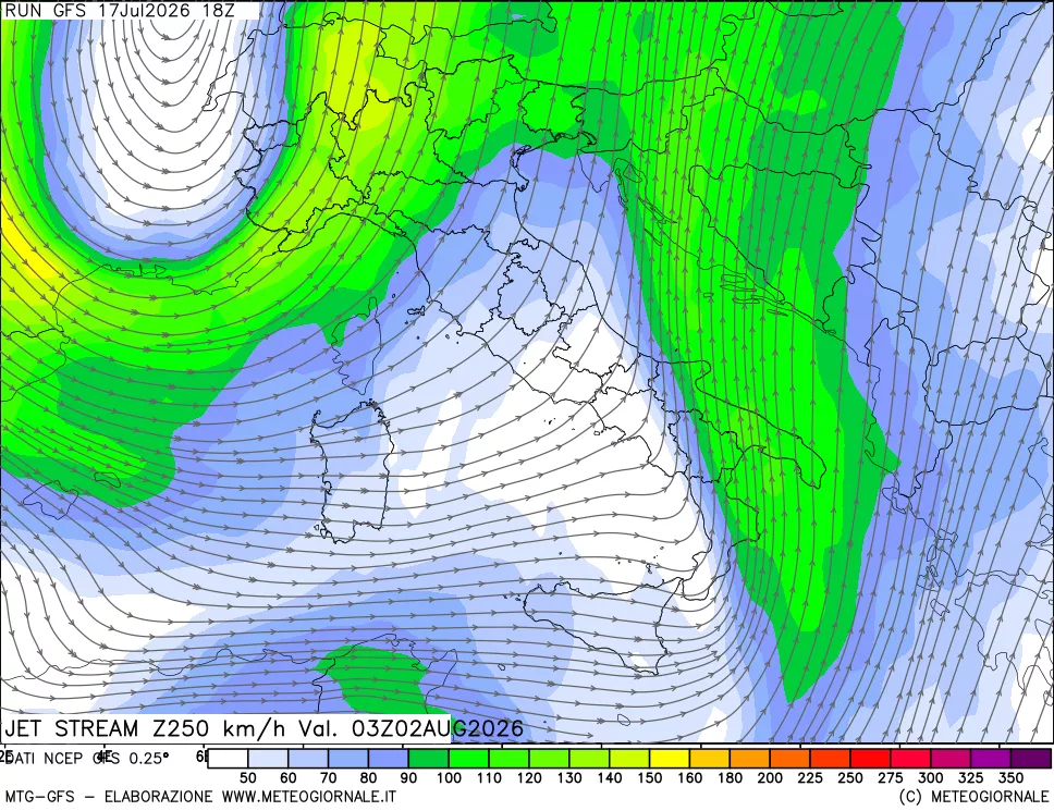 mappa 250 hPa Jet stream