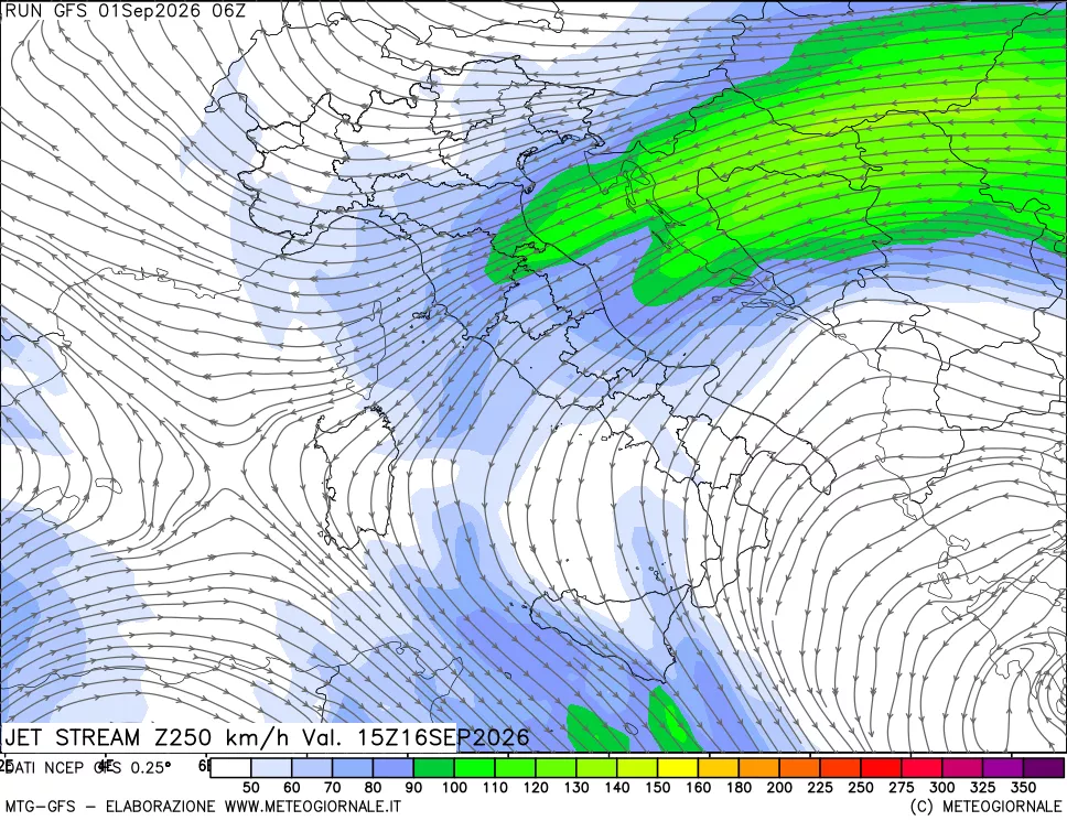 mappa 250 hPa Jet stream
