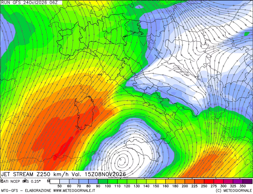 mappa 250 hPa Jet stream