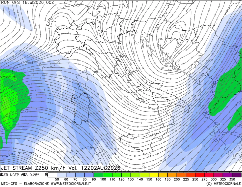 mappa 250 hPa Jet stream