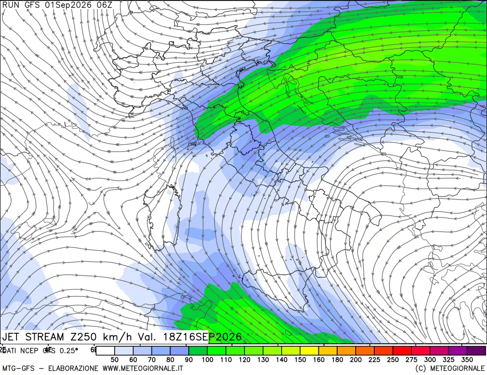 mappa 250 hPa Jet stream