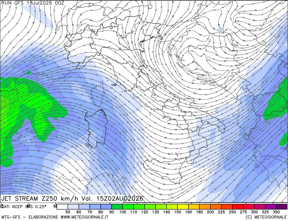 mappa 250 hPa Jet stream