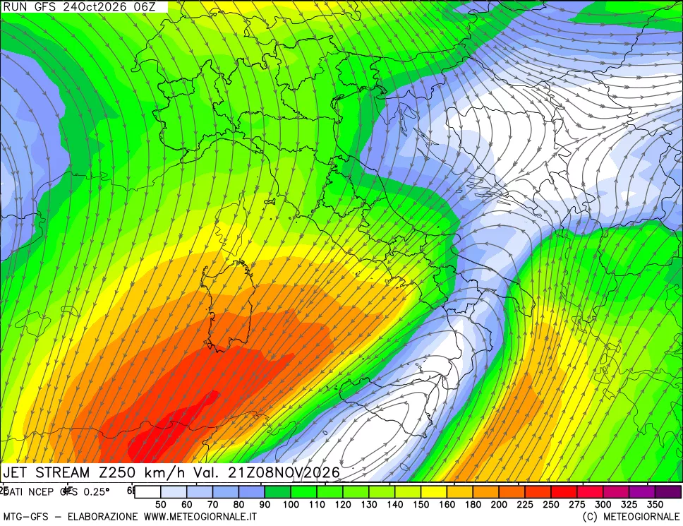 mappa 250 hPa Jet stream