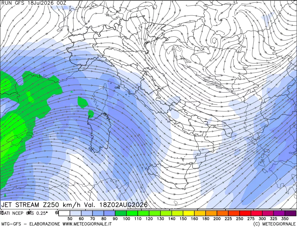 mappa 250 hPa Jet stream